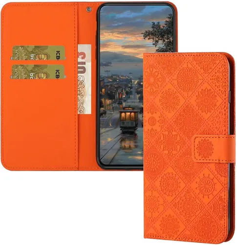 Vista 9 de Funda compatible con iPhone 12 Mini con tarjetero de cuero con tapa abatible, estampado retro con función atril, funda protectora magnética