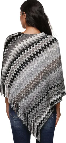 Vista 4 de SherryDC Poncho con flecos de punto en zigzag para mujer