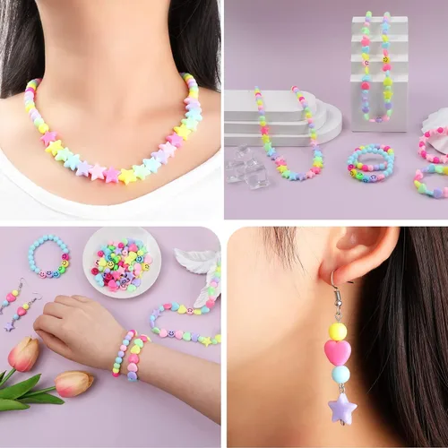 Vista 5 de Miss Rabbit Juego de cuentas de corazón de acrílico de color caramelo, cuentas de estrella de plástico, cuentas pastel lindas para pulseras