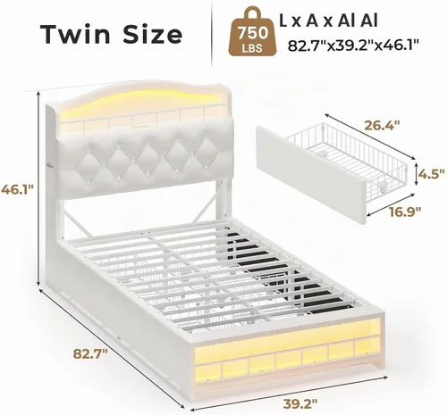Vista 2 de HAUOMS Cama de princesa individual con luces LED y 4 cajones para niñas