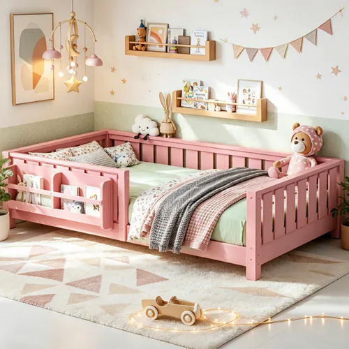Vista 25 de Marco de cama Montessori Twin con estantería y barandillas, color beige