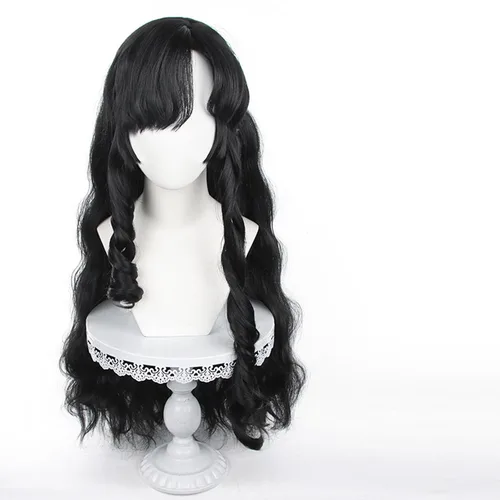 Vista 2 de Peluca para cosplay, disfraz de anime, pelo largo, cabello ondulado negro con flequillo y para mujer, fiesta familiar de Halloween Isolda