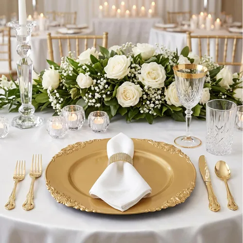Vista 7 de Okllen Paquete de 12 Platos Base Dorados, Platos Base Redondos para Cena de 13" con Borde en Relieve para Catering, Boda, Decoración de Mesa