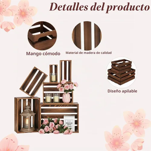 Vista 3 de Juego de 6 cajas decorativas de madera para exhibición, 6 tamaños, cestas de madera rústicas con asa para almacenamiento, contenedor, exhibición