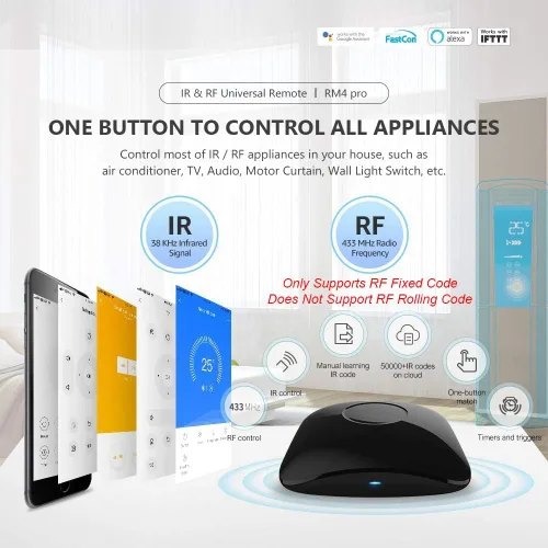 Vista 5 de BroadLink RM4 pro IR y RF Mando a distancia universal, concentrador de control remoto Wi-Fi de aprendizaje de código todo en uno para TV, aire