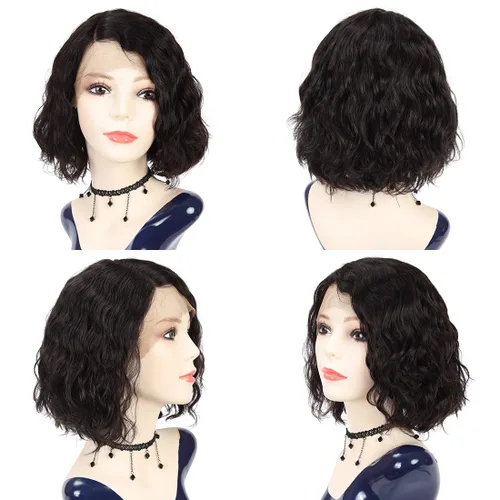 Vista 6 de Blissource Pelucas de cabello humano corto y rizado para mujeres negras, pelucas de cabello humano ondulado con parte en L, pelucas de encaje