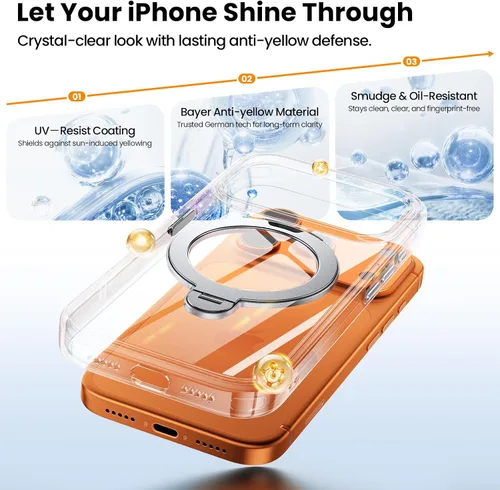 Vista 5 de Funda con soporte de anillo de 360° para iPhone 17 Pro Max con 1 protector de pantalla + 1 funda para cámara, compatible con MagSafe, funda trasera