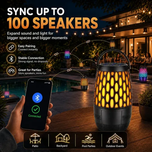Vista 5 de Outdoor Bluetooth Speakers with Flame & RGB Lights, IPX6 Waterproof, 2 Pack