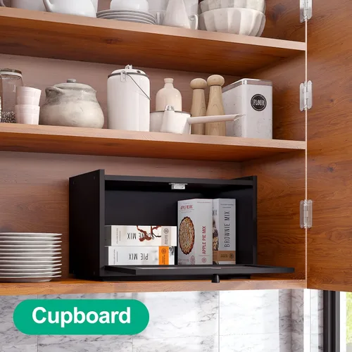 Vista 8 de kiplant Panera grande para encimera de cocina, contenedor de almacenamiento de pan de bambú negro con puerta transparente de arcílica ondulada, caja