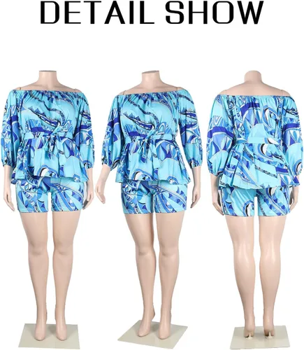 Vista 5 de EQQZD 2 Piece African Outfits for Women Boho Floral Print Off Shoulder Romper Top Shorts Set Plus