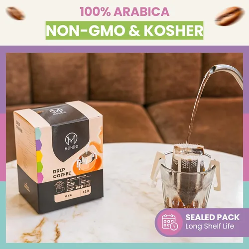 Vista 8 de Mondo Drip Coffee Mix (paquete de 10 variedades), bolsas de filtro para verter una sola porción, prellenadas 100% arábica, tostado medio