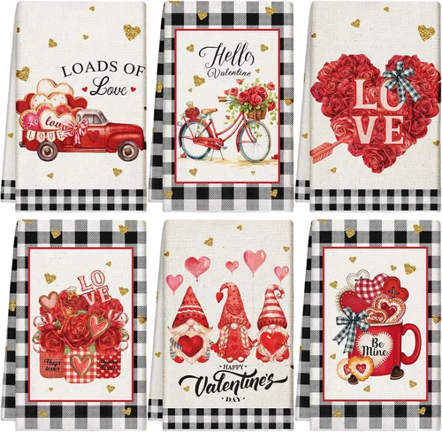 Vista 10 de Patelai 6 toallas de cocina para el día de San Valentín, corazones rojos, a cuadros, camión, té, baño, vacaciones, platos, 21.3 x 14.3 pulgadas