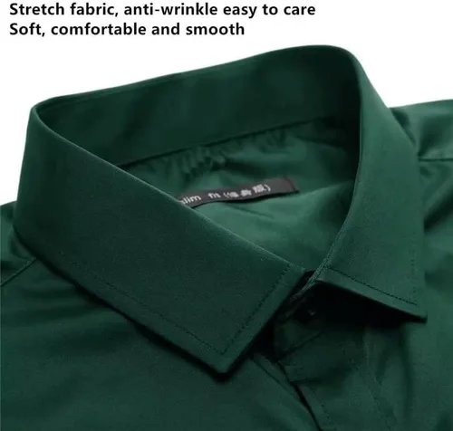 Vista 4 de HUUTOE Camisas de vestir para hombre, manga larga, ajuste regular, color sólido, elástico, para negocios, boda, graduación, camisa grande y alta
