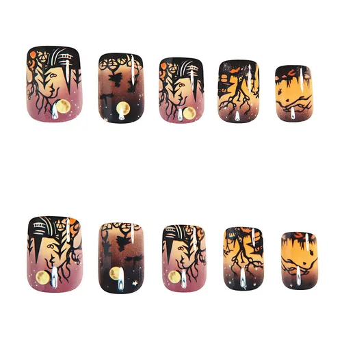 Vista 3 de Uñas postizas a presión para Halloween, cuadradas, cortas, con diseños de bosque lunar, uñas postizas con pegamento oscuro brillante en las uñas