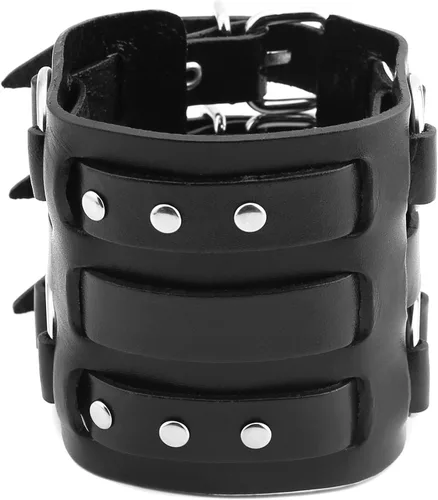 Vista 2 de HZMAN Anillo de aleación para hombre, pulsera de cuero genuino, tono plateado, ajustable