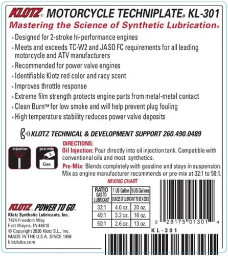 Vista 3 de Klotz Motorcycle TechniPlate Aceite sintético premezcla/inyector para motores de 2 tiempos TC-W2 – 1 galón KL-301