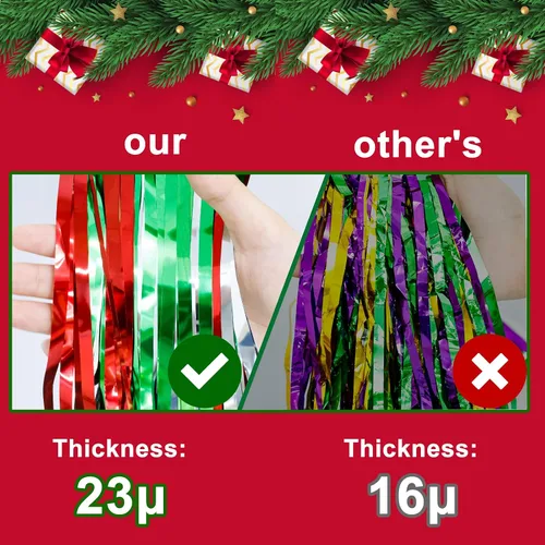 Vista 5 de Paquete de 2 cortinas navideñas con flecos de papel de aluminio para Verde Rojo Astilla