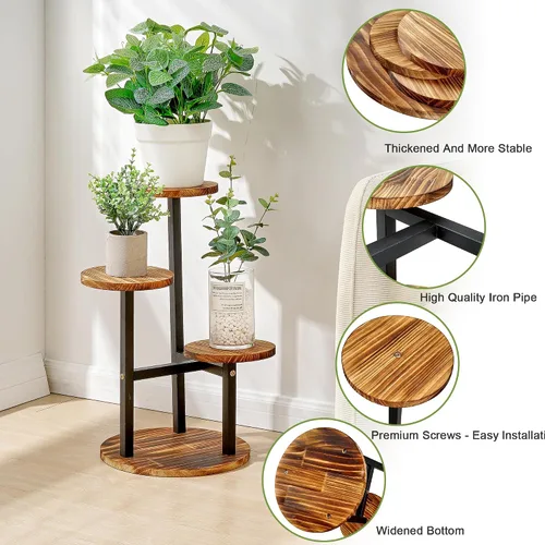 Vista 3 de VECELO Soporte para Plantas de 3 Niveles Interior y Exterior, Estante Alto de Metal y Madera para Flores y Múltiples Plantas, Pequeño Estante