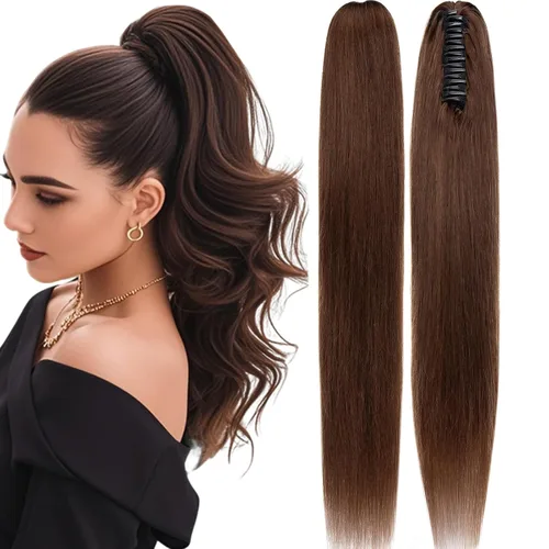 Vista 12 de Rich Choices Extensión de cola de caballo con clip de garra, cabello humano real, una pieza, extensiones de cabello largo Remy para mujer, #18P613