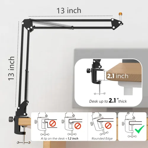 Vista 6 de Soporte de brazo para micrófono FIFINE; soporte de brazo de tijera con suspensión, con abrazadera de gran resistencia, adaptador de 3/8 a 5/8