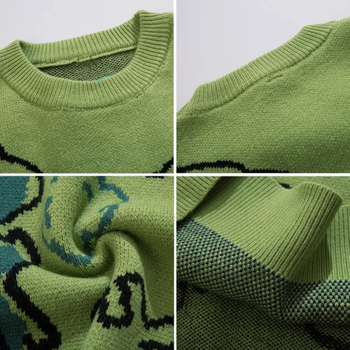 Vista 4 de Flygo Suéter de punto de dinosaurio para mujer, unisex, de gran tamaño, casual, manga larga, suéter de punto