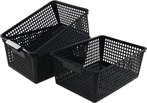 Vista 2 de Paquete de 3 cestas organizadoras grandes, cesta de almacenamiento de plástico (negro)