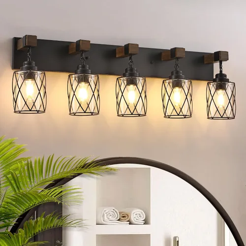 Vista 3 de Accesorios de iluminación de baño estilo granja, lámpara de tocador de 2 luces con pantalla de metal y vidrio, accesorios de iluminación rústicos