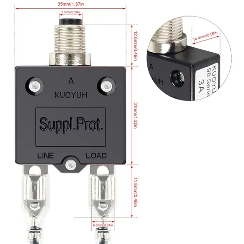 Vista 7 de Interruptor automático de 3 amperios con botón pulsador, comprobador de fusibles, reinicio manual de 32 V, protección de bajo voltaje con tapa