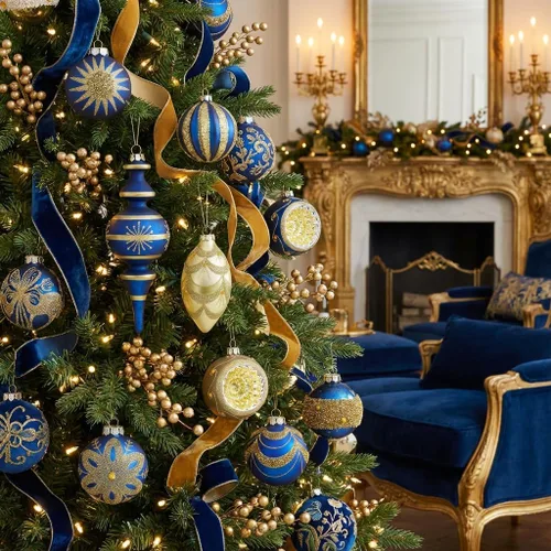 Vista 2 de Valery Madelyn Juego de adornos de Navidad de cristal, 10 quilates, oro azul, mercurio, bolas de árbol de Navidad, decoración de lujo colgante