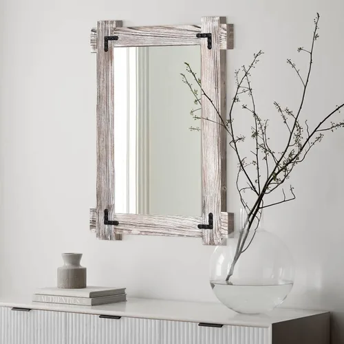 Vista 10 de MeMoreCool Espejo rústico de madera para baño, espejo decorativo con marco de granja para tocador, espejo rectangular de pared para dormitorio