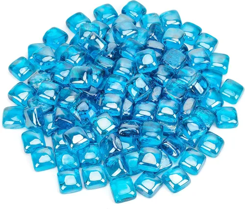 Vista 2 de Mr. Fireglass Cubos de vidrio para fuego de 1 pulgada para chimenea, hoguera y paisajismo, 10 libras de alto brillo azul caribeño
