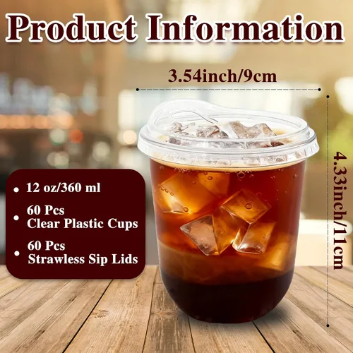 Vista 2 de Paquete de 60 vasos de plástico transparente con tapas para sorber sin pajilla, vasos desechables de PET cristal de 12 onzas para café helado