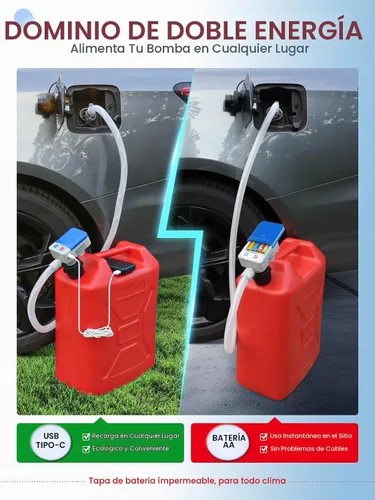 Vista 2 de Bomba de transferencia de combustible de 3.2 GPM, USB tipo C y batería AA, bomba de líquido portátil de manguera de 51 pulgadas con sensor de parada