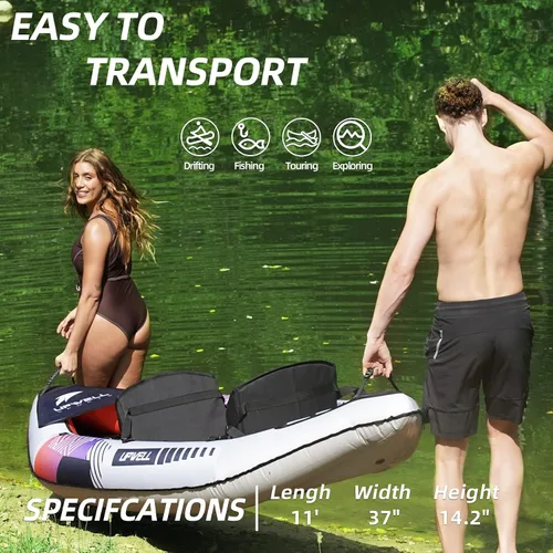 Vista 6 de UPWELL Kayak recreativo inflable de 13'6"/11' – 2 personas con piso de punto de caída y accesorios, incluyendo asientos de kayak con soporte