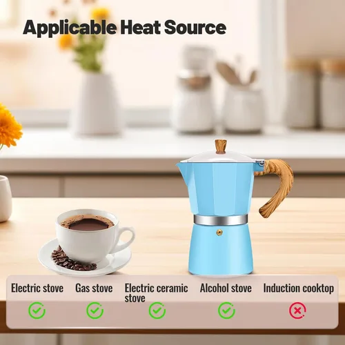 Vista 4 de Cafetera clásica de aluminio para 3 tazas, cafetera espresso de 5.1 fl oz, 5 onzas, cafetera de moca, olla greca, cafetera para café italiano y Azul