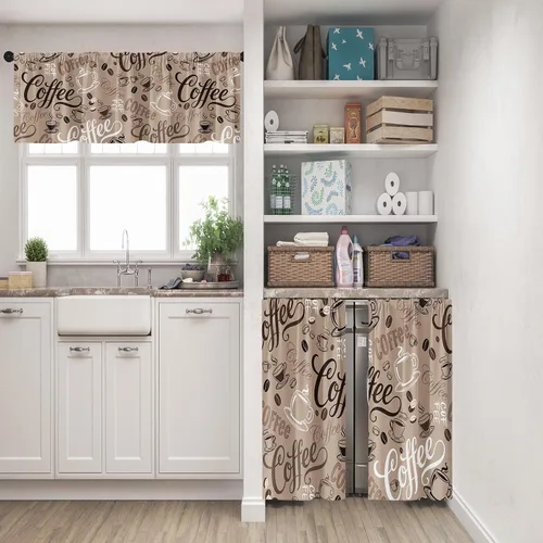 Vista 2 de Cortinas de Ventana de Cocina con Temática de Café, Juego de Cenefa y Niveles, Cortina Corta Marrón Estilo Granja con Bolsillo para Varilla