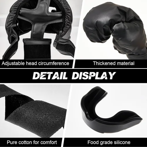 Vista 3 de Kanayu Juego de 7 piezas de guantes de boxeo de 16 onzas, casco para la cabeza, protectores bucales, equipo para adultos, jóvenes, principiantes