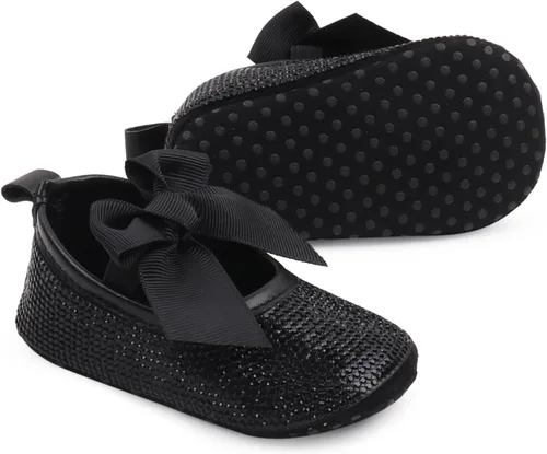 Vista 3 de Zapatos planos Mary Jane para bebés y niñas, con lazo brillante y diamantes de princesa, zapatos antideslizantes para cuna