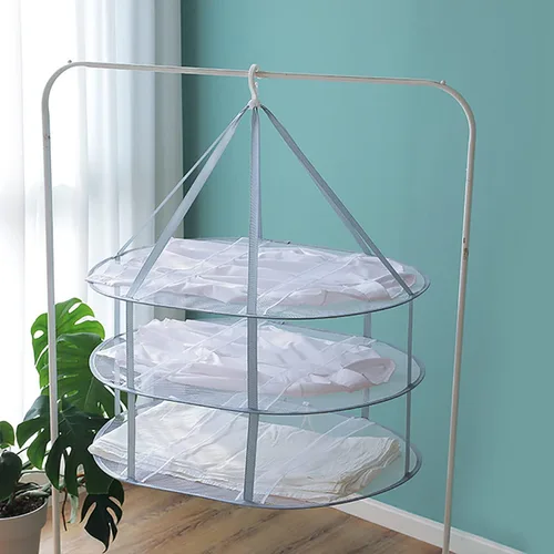 Vista 2 de Funvalley Surperfect Secador de malla plegable para colgar, estante de secado de suéter de 3 niveles de red plegable para suéteres, juguetes