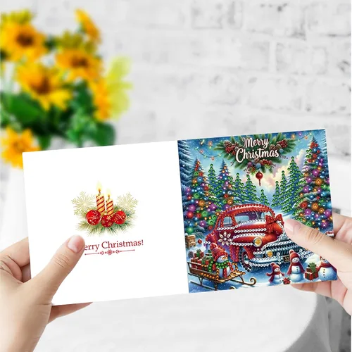 Vista 4 de Huacan Juego de 6 tarjetas de Navidad con pintura de diamante 5D para adultos, diseño de camión rojo, tarjetas de felicitación, regalos