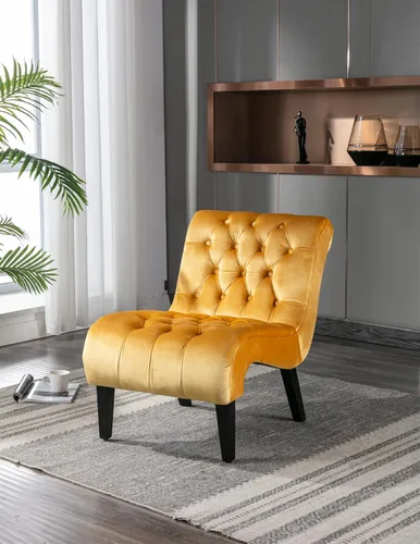 Vista 14 de Modern Velvet Armless Accent Living Room Chair,Upholstered Fabric Button Comfortable Leisure Chair with Wooden Legs for Bedroom,Office (Beige Velvet)