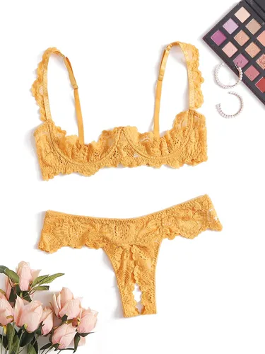 Vista 3 de SheIn Conjunto de lencería bordada de dos piezas de encaje transparente para mujer