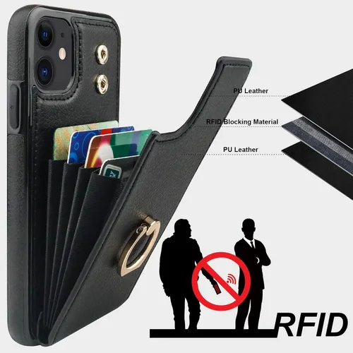 Vista 5 de Folosu Funda compatible con iPhone 11, cartera con tarjetero y rotación de 360°, soporte de anillo de dedo con función atril, bloqueo RFID, piel