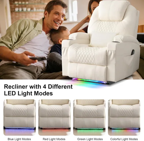 Vista 6 de AHMED Silla reclinable eléctrica con masaje por vibración y calor para adultos, asiento de cine en casa de piel sintética con portavasos, luces LED