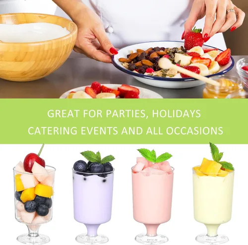 Vista 4 de Eupako Mini tazas de postre con cucharas de 4 onzas líquidas – Vasos de plástico transparente para parfait, taza pequeña redonda para aperitivos