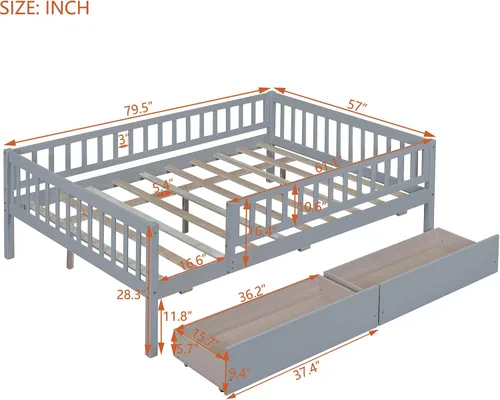 Vista 2 de Harper & Bright Designs Base de cama para niños de tamaño matrimonial con 2 cajones, sofá cama matrimonial de madera con valla, marco de cama