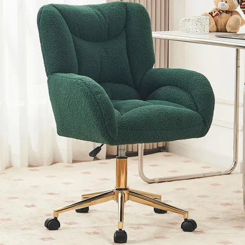 Vista 13 de Silla de escritorio de terciopelo suave cómoda con patas y ruedas de metal dorado, silla de oficina cómoda giratoria de 360 grados con altura Verde