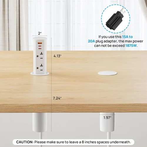 Vista 7 de ANNQUAN 2" 20A Pop Up Outlet para Encimera 20W Puertos USB 2 Salida Blanco