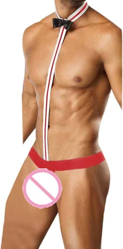 Vista 4 de Novedad tanga de camarero Mankini sexy disfraz de lencería ropa interior para hombre fácil de usar para mujeres para sexo (rojo, talla única)