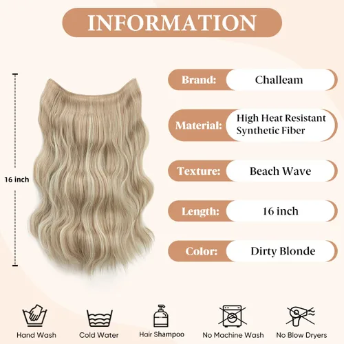Vista 2 de Extensiones de cabello de alambre transparente invisible con 3 clips seguros, diadema ajustable, tamaño ondulado, rizado, largo, sintético